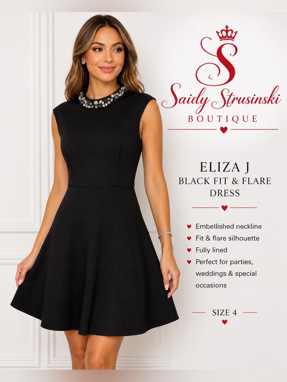 Eliza J Black Embellished Neck Fit & Flare Dress Elegant Cocktail Cottagecore /4